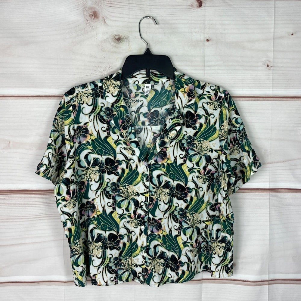 BP Top Womens XS Floral Button Up‎ Crop Shirt Short Sleeve Collar Green Blouse
